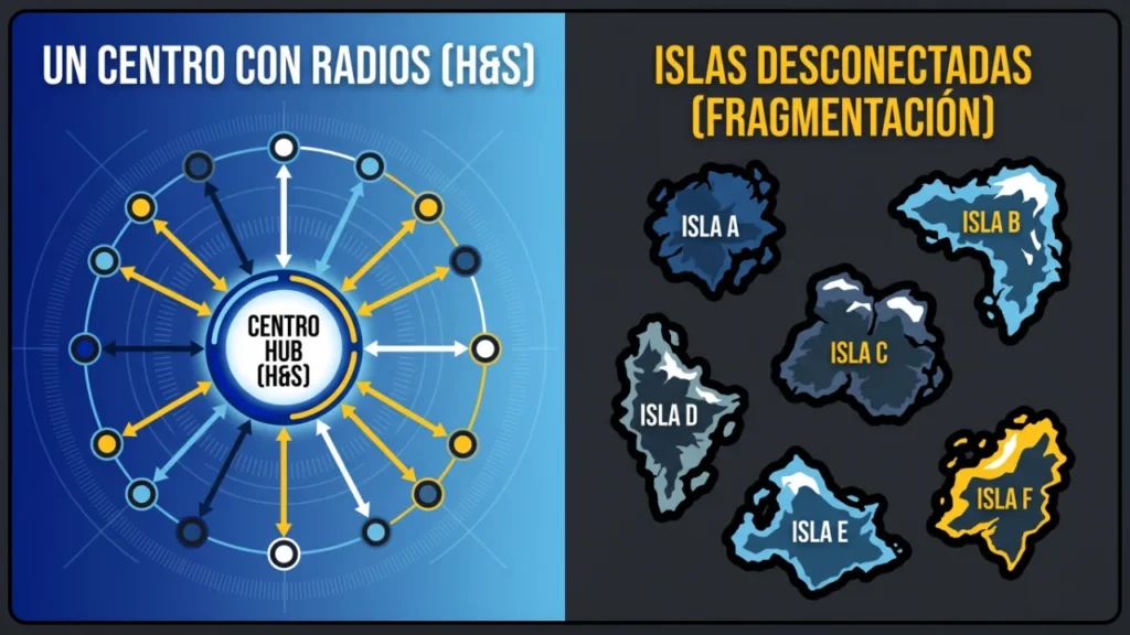 Esquema de una plataforma unificada frente a herramientas de gestión aisladas