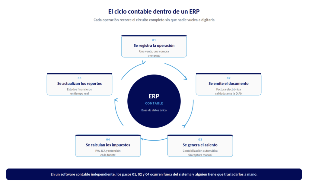 "Diagrama circular del ciclo contable dentro de un ERP, desde el registro de la operación hasta la actualización de reportes.