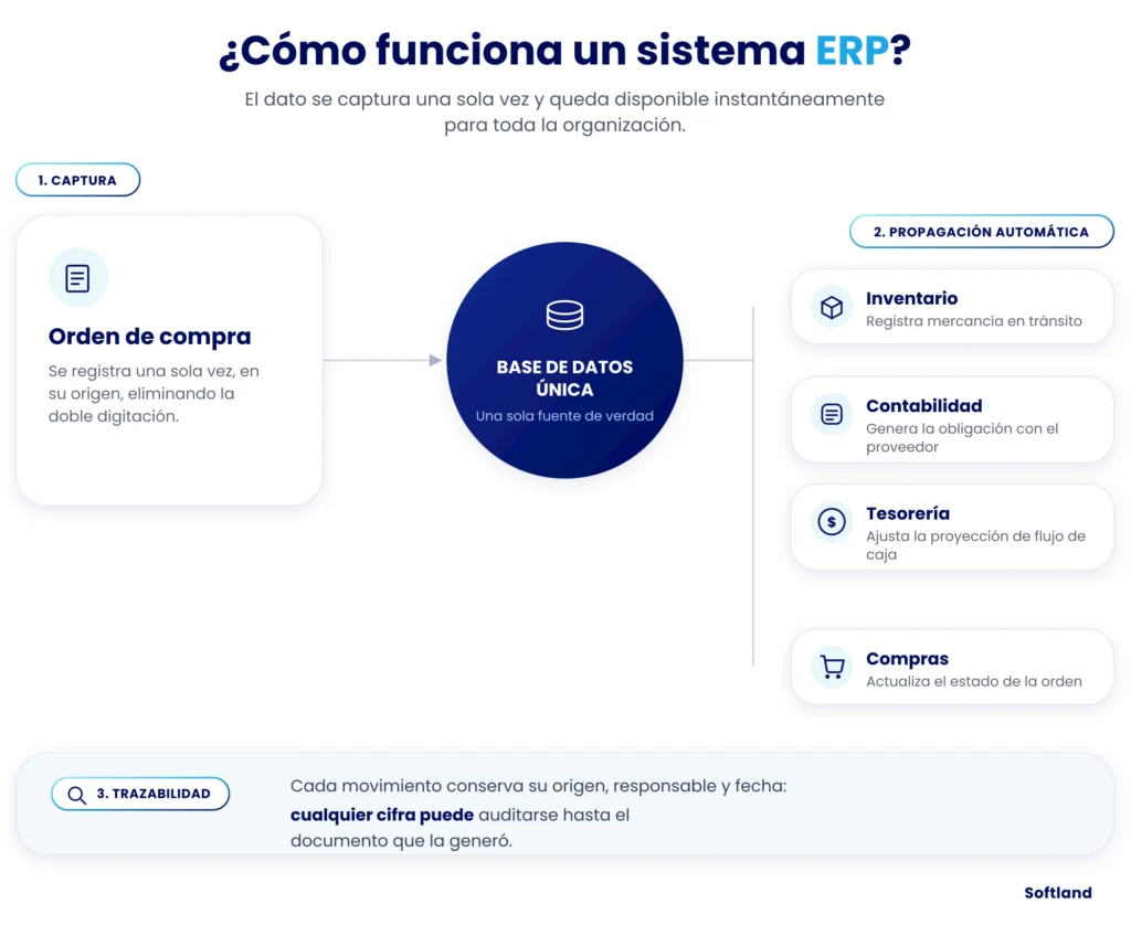 infografía de como funciona un erp dentro de una empresa desde un diagrama de etrada de orden de compra y como pasa por cada módulo o área.