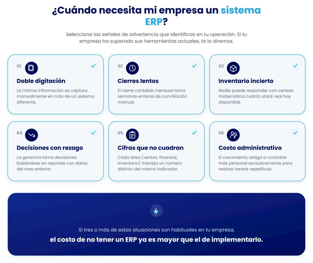 infografía de muestra señales de que la empresa está lista para comprar o empezar a contemplar adquirir un sistema erp